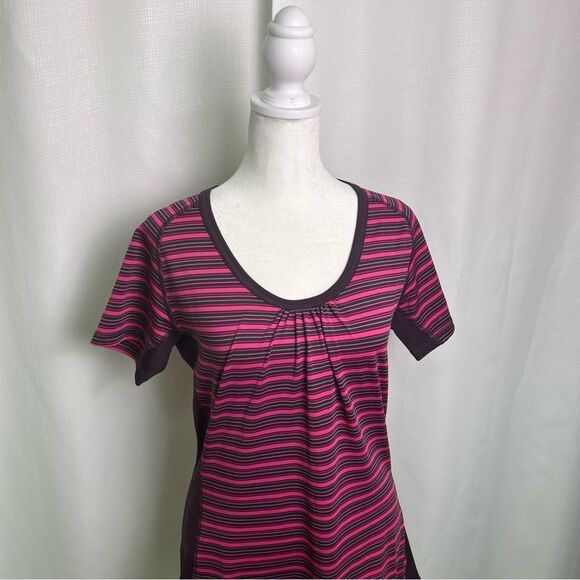 The North Face Top Women’s Large Pink Strips Vapor Wick Short Sleeve Scoop Neck - Picture 5 of 11